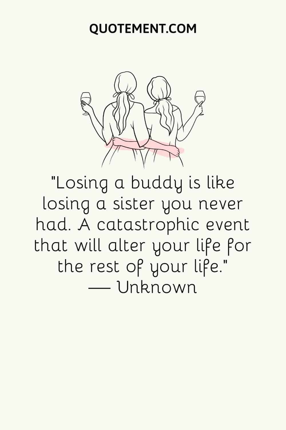 illustration of two hugged girls holding glasses representing losing a best friend quote