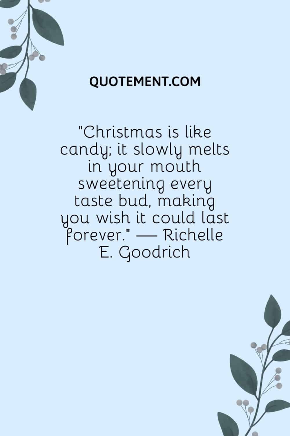 "La Navidad es como un caramelo; se derrite lentamente en tu boca endulzando cada papila gustativa, haciéndote desear que dure para siempre". - Richelle E. Goodrich