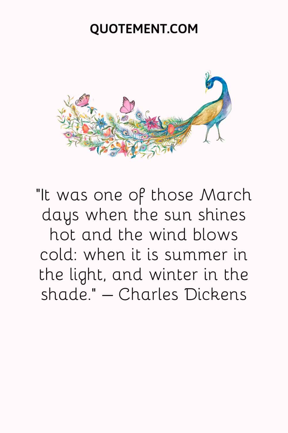It was one of those March days when the sun shines hot and the wind blows cold when it is summer in the light, and winter in the shade. – Charles Dickens