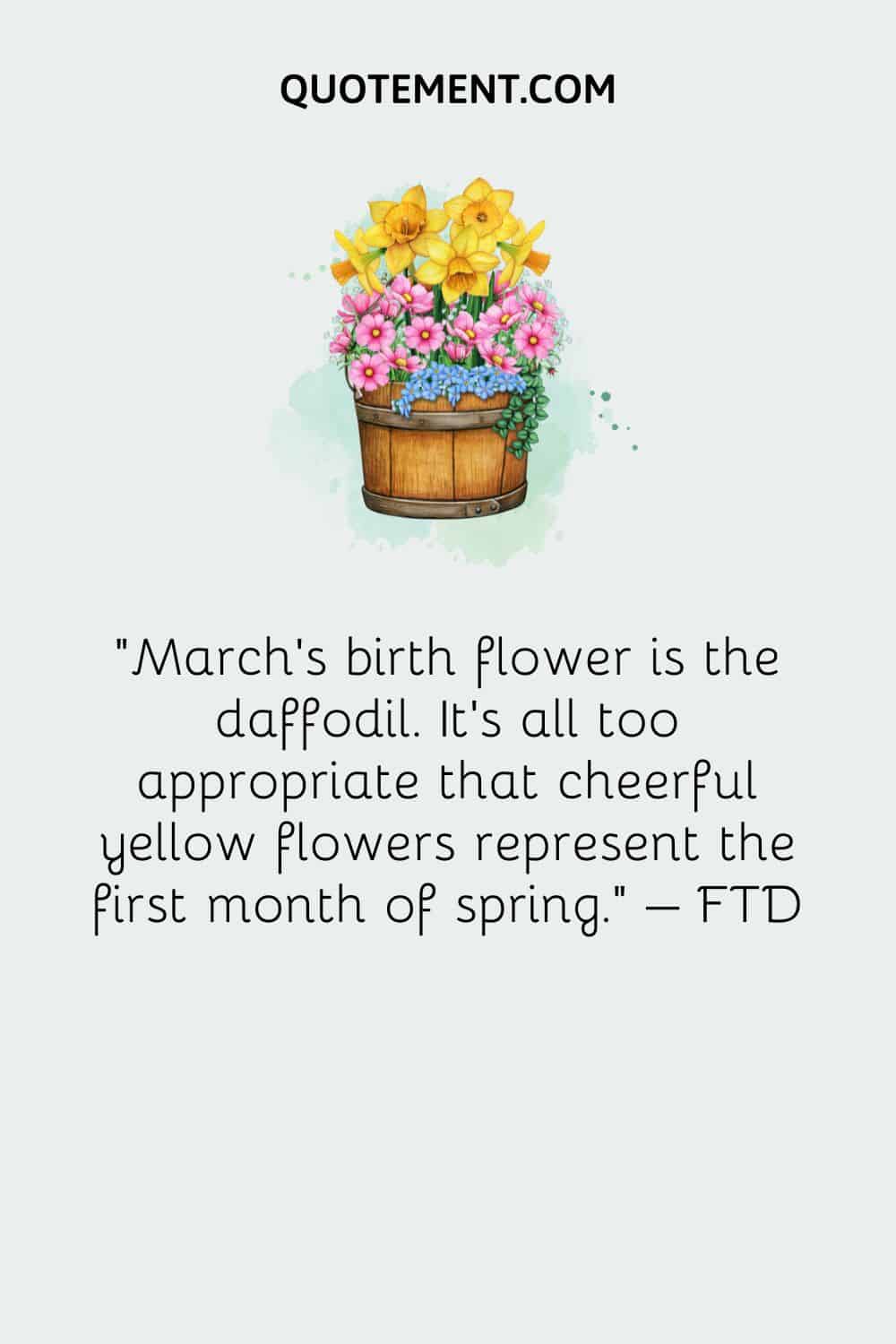 March’s birth flower is the daffodil. It’s all too appropriate that cheerful yellow flowers represent the first month of spring. ­– FTD