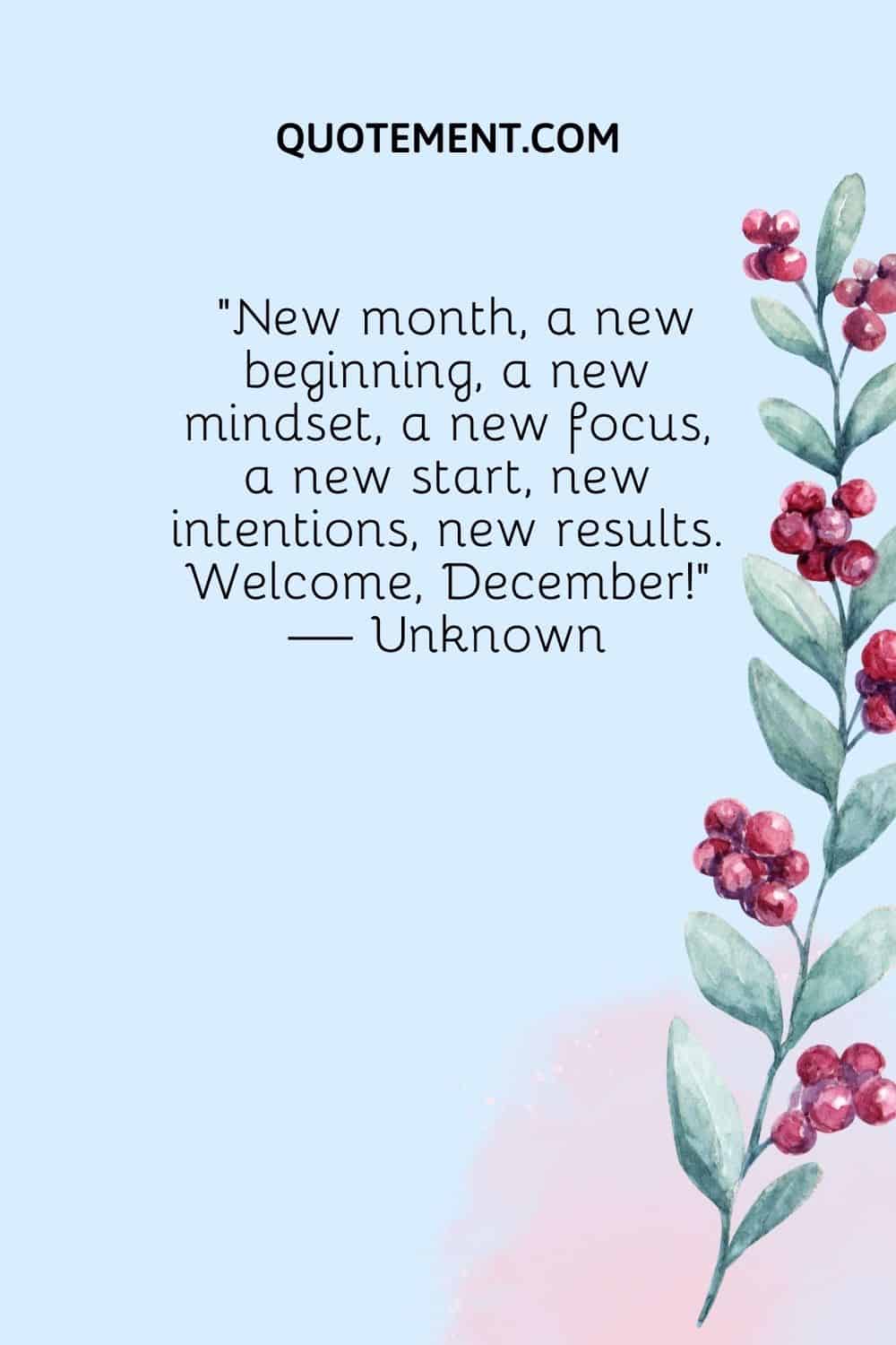 “New month, a new beginning, a new mindset, a new focus, a new start, new intentions, new results. Welcome, December!” — Unknown