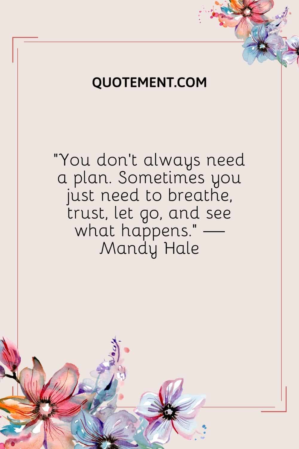 You don't always need a plan. Sometimes you just need to breathe, trust, let go, and see what happens. — Mandy Hale
