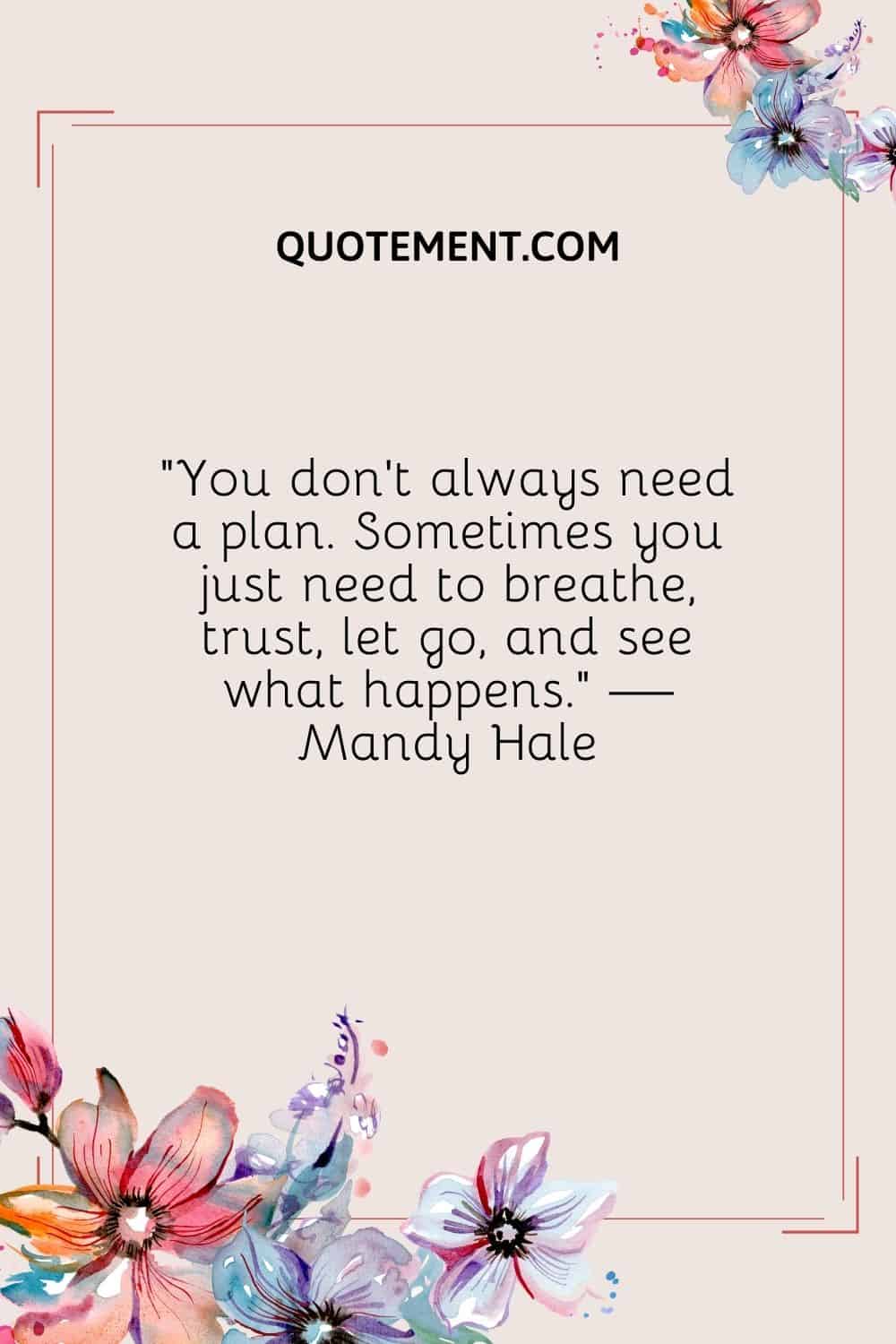 No siempre se necesita un plan. A veces sólo necesitas respirar, confiar, dejarte llevar y ver qué pasa. - Mandy Hale