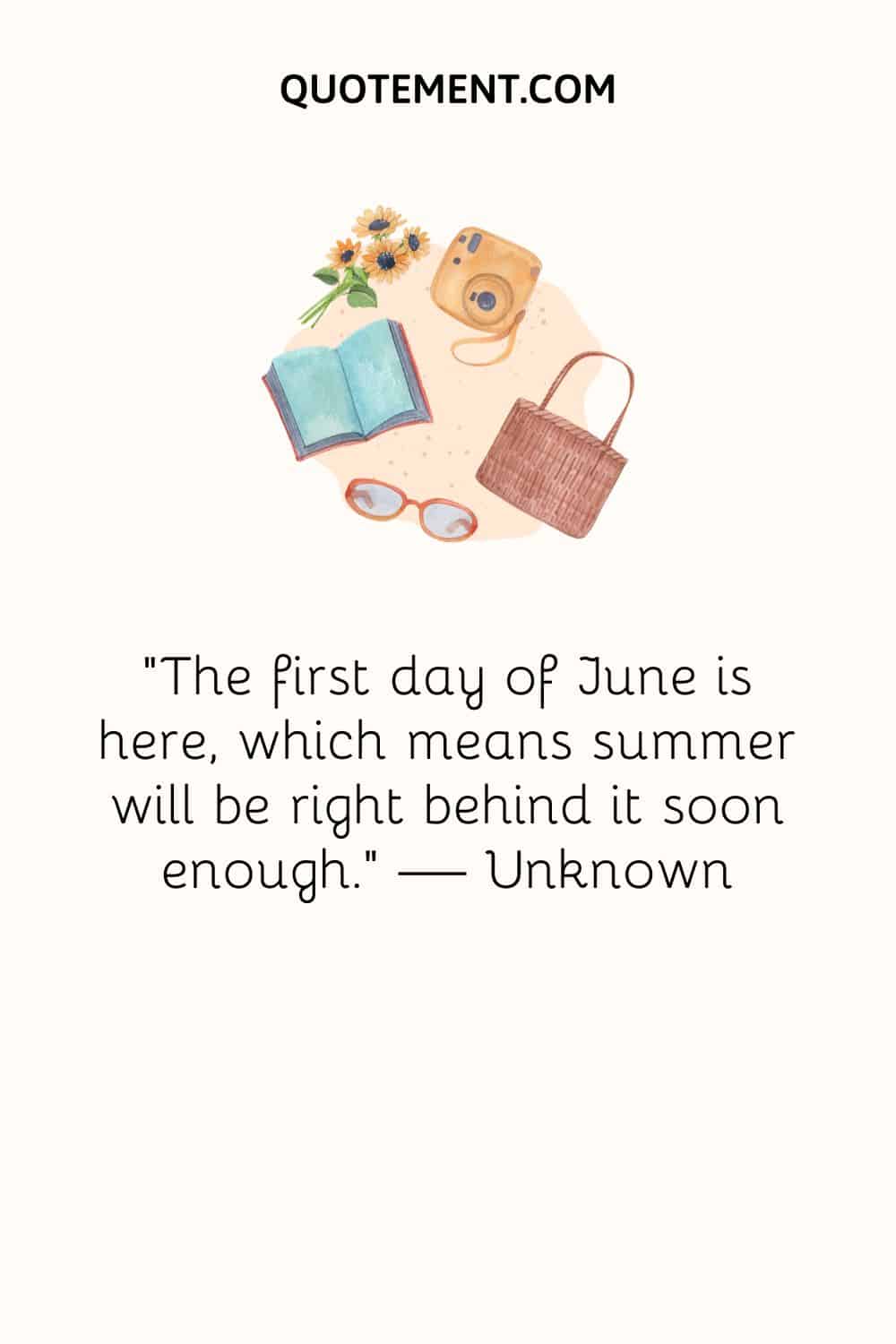 un libro, unas gafas, un bolso, una cámara y una imagen de flores que representan la cita positiva hello June
