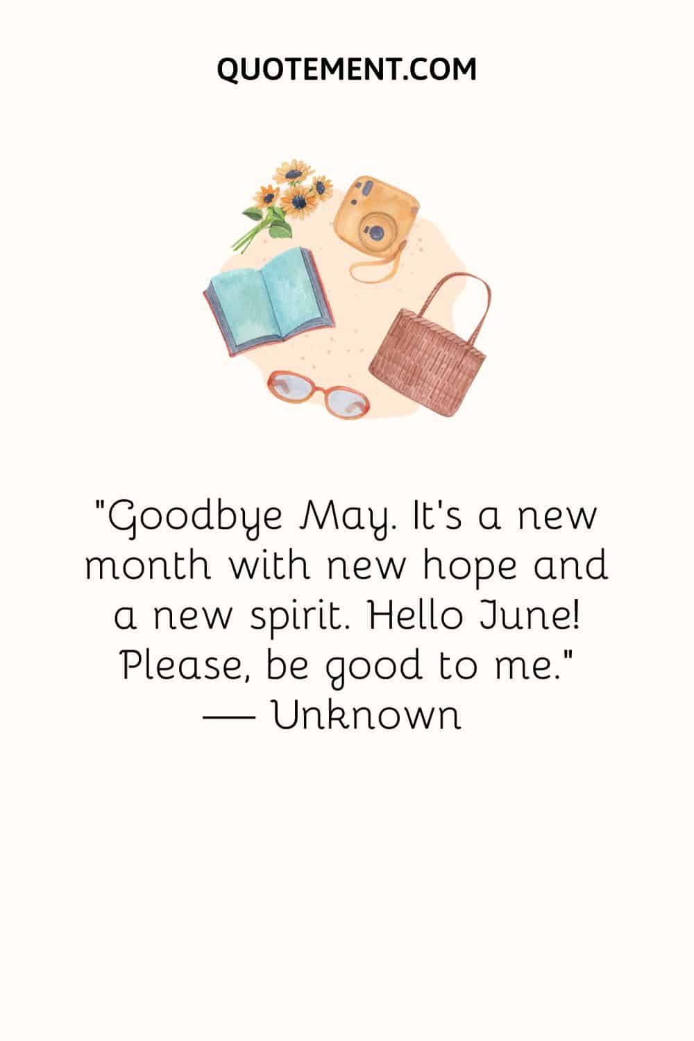 image of a camera, glasses, book, purse, and flowers representing goodbye May hello June quote