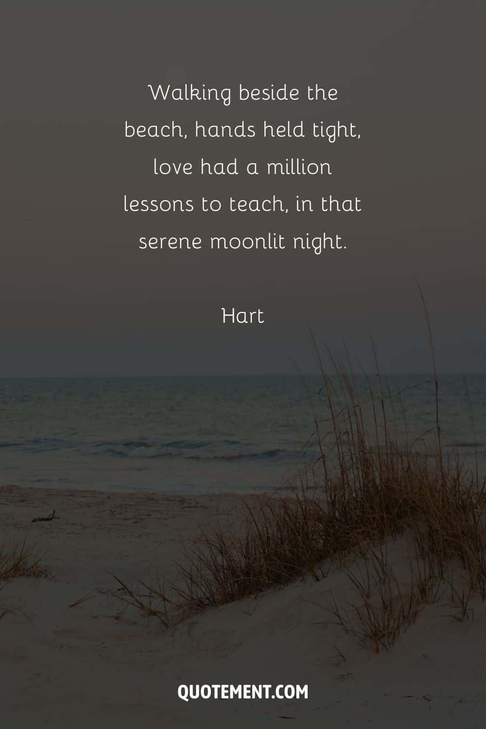 Walking beside the beach, hands held tight, love had a million lessons to teach, in that serene moonlit night. – Hart