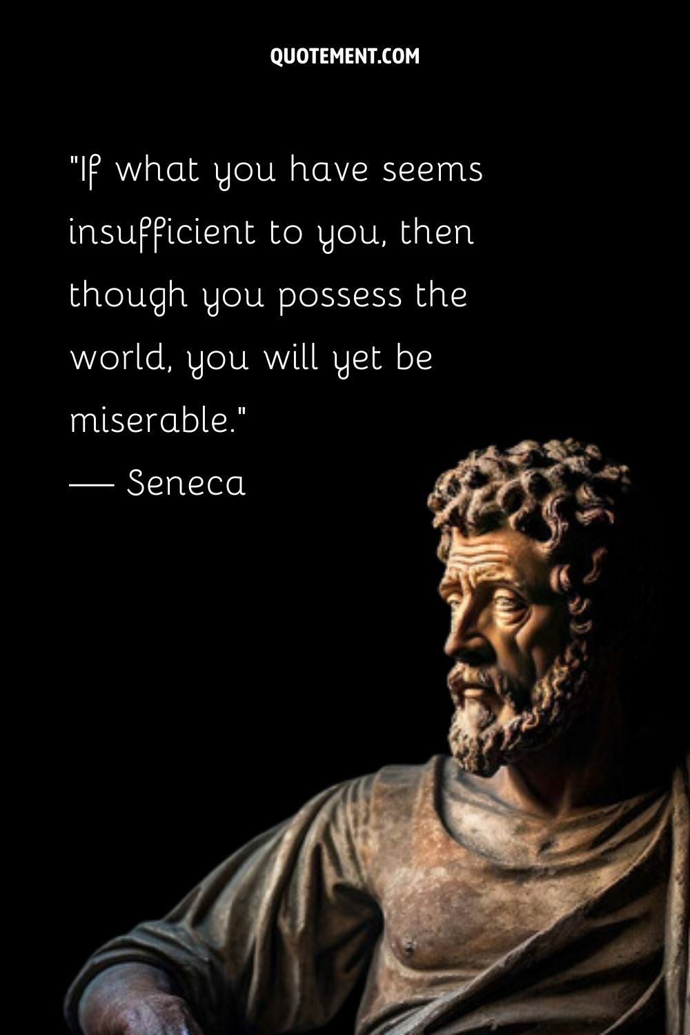 Carved figure embodies Seneca's teachings.