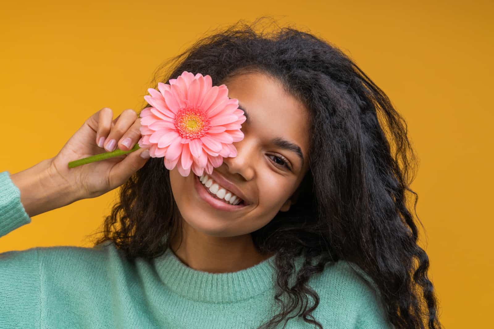 Primer plano de estudio de una joven atractiva y sonriente que se cubre parte de la cara con una gerbera rosa,