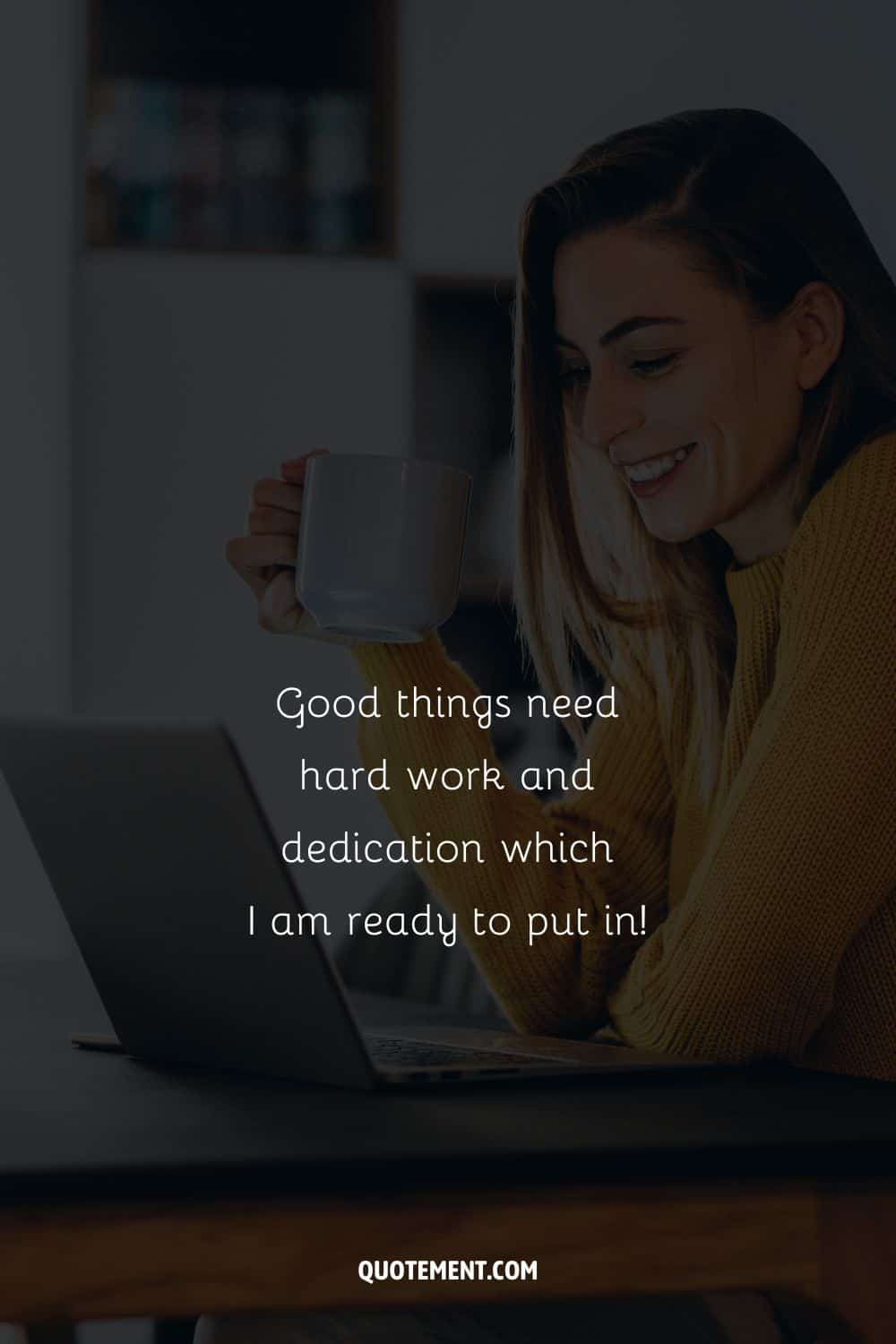 a happy remote working woman representing powerful positive affirmation quote