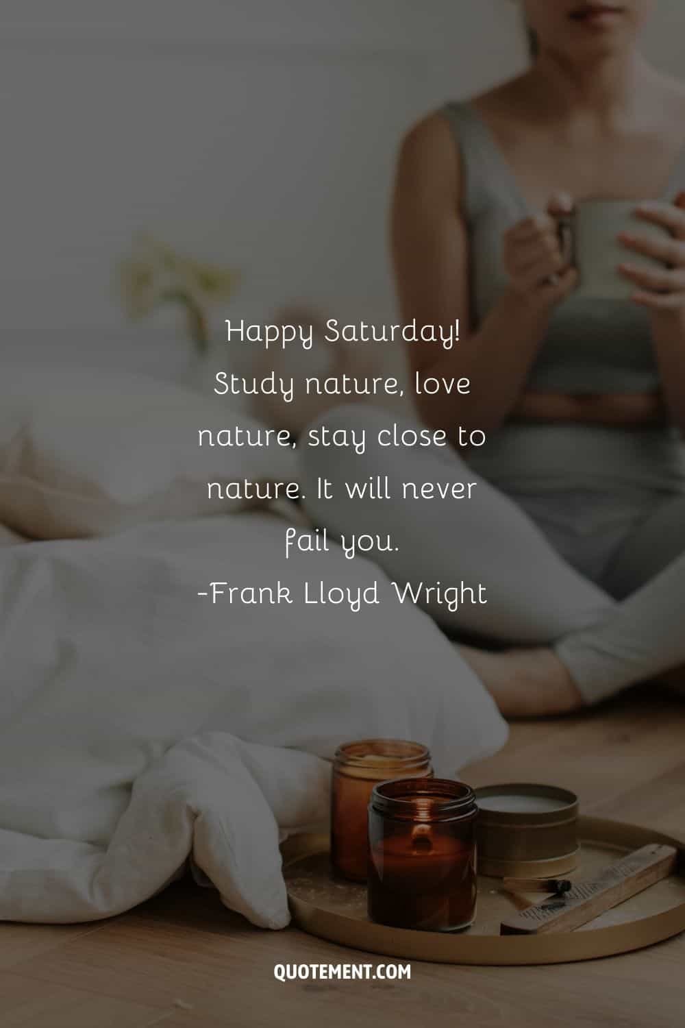 a woman holding a coffee mug image representing exquisite Saturday motivation quote