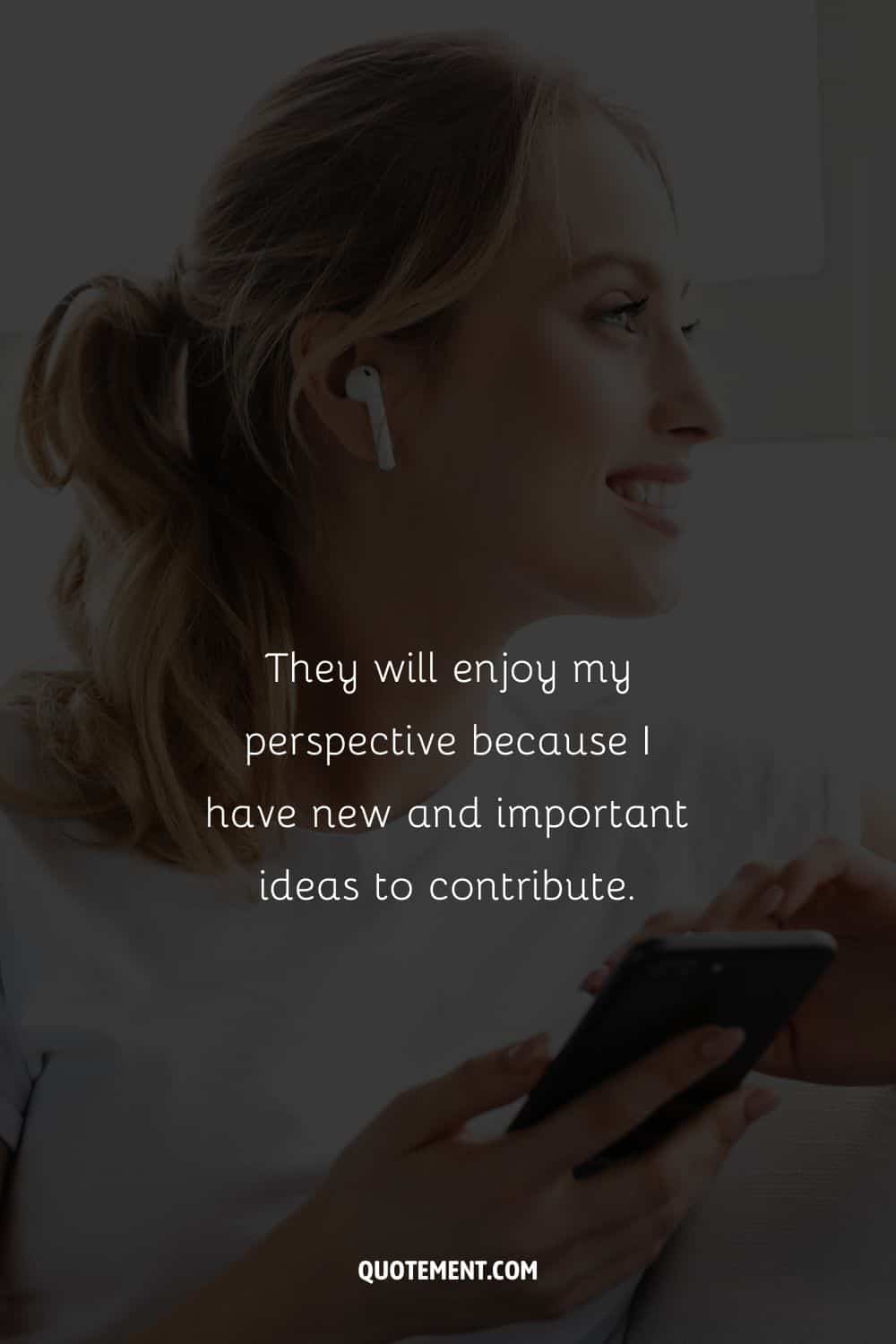 a woman with AirPods representing short positive work affirmation for the day quote