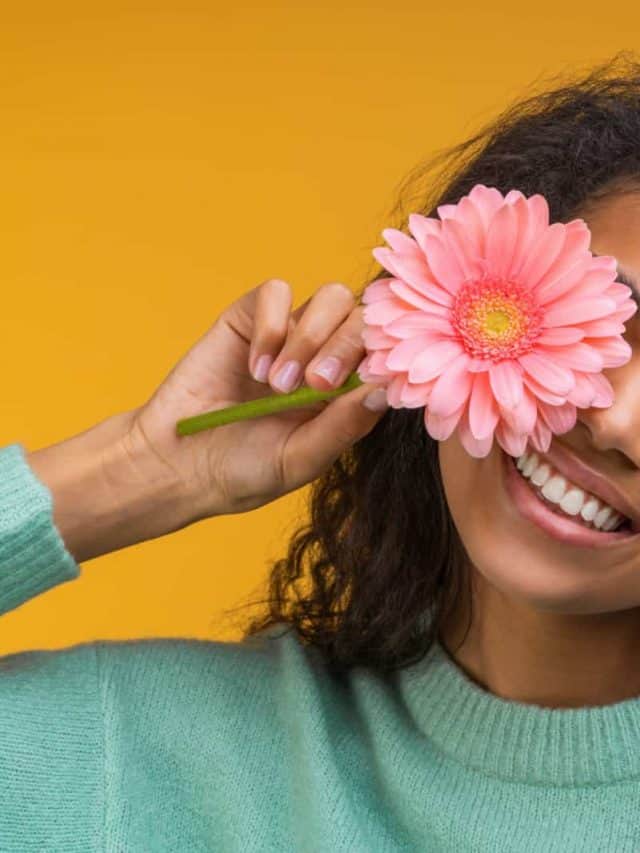 Studio close up shot of cheerful smiling attractive young woman covering a part of her face with pink gerbera flower,