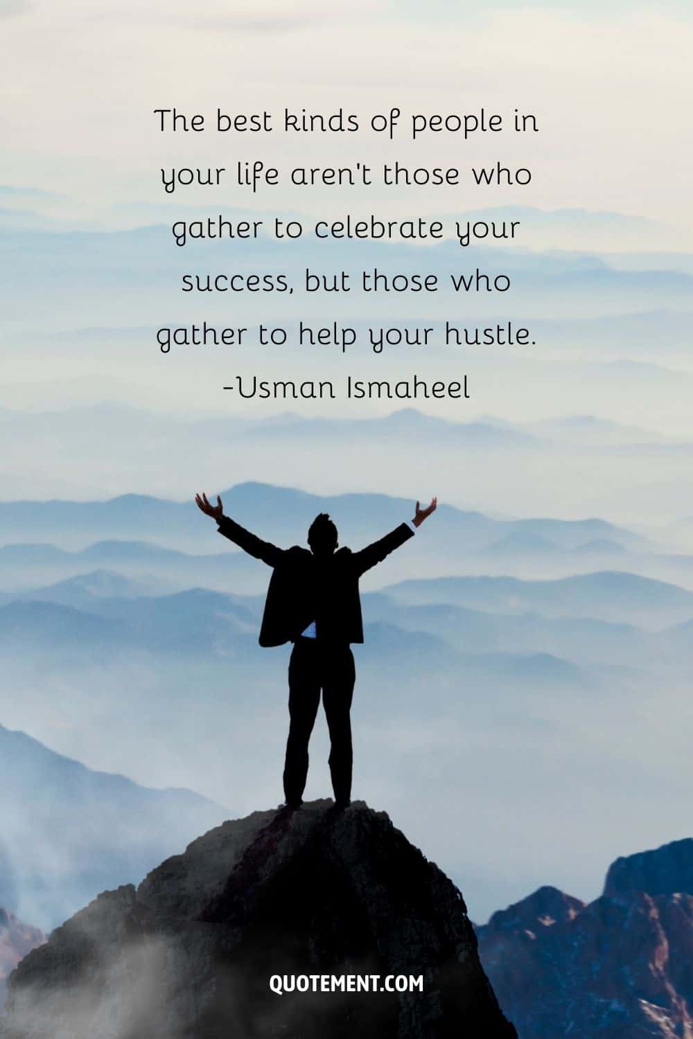 image of a man with raised hands on mountain top representing brilliant hustle quote