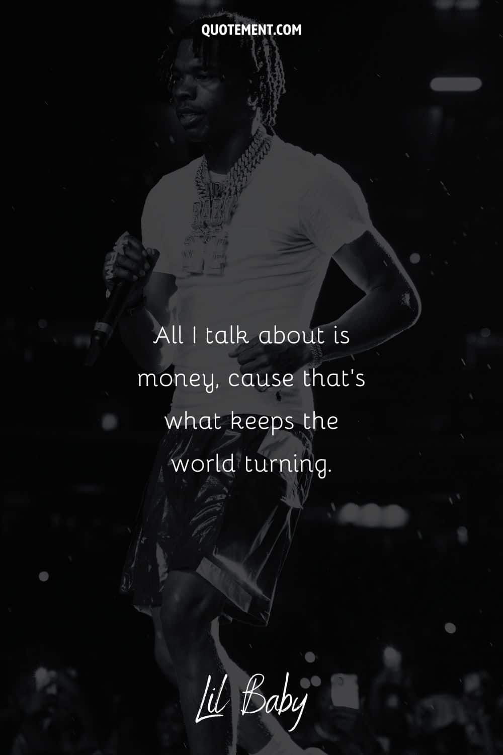 rapper with chains image representing money quote by lil baby