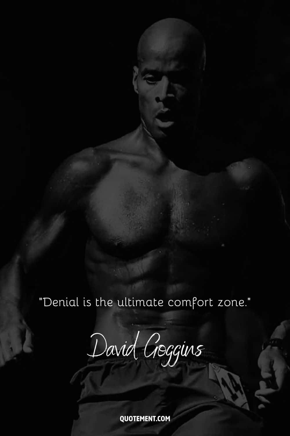 Eye-opening David Goggins quote and his black and white photo in the background.