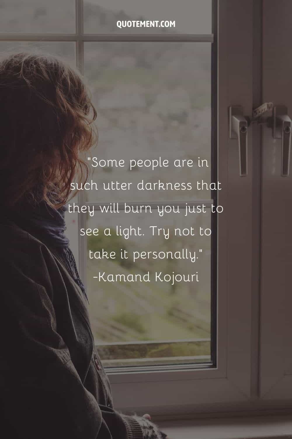 Inspirational quote about negative people and a person looking through the window