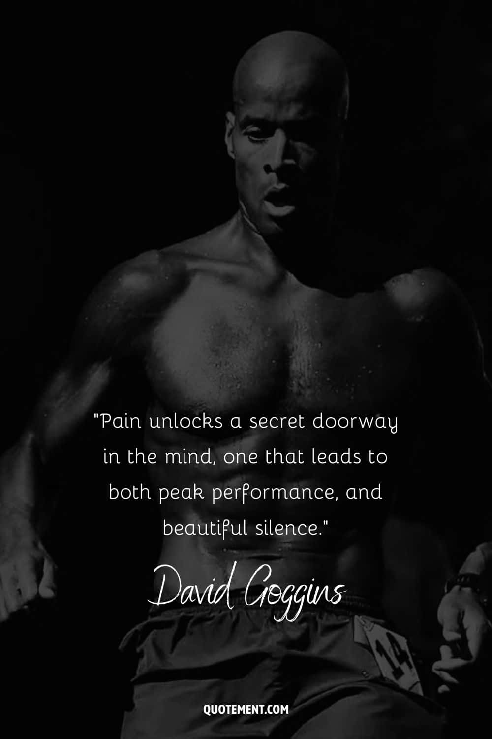 Quote on pain by David Goggins and his photo in the background