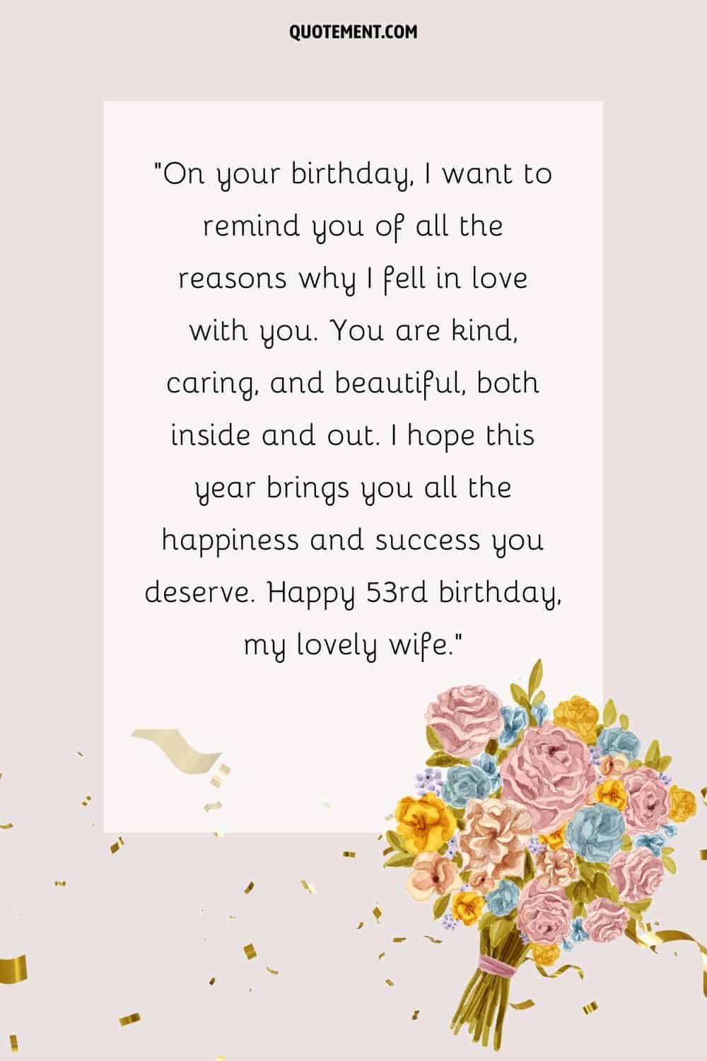 Mensaje romántico para el 53 cumpleaños de una esposa, un ramo de rosas y confeti