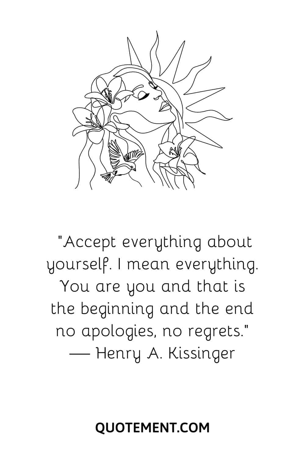 illustration of a woman's head with birds and flowers representing accept yourself quote