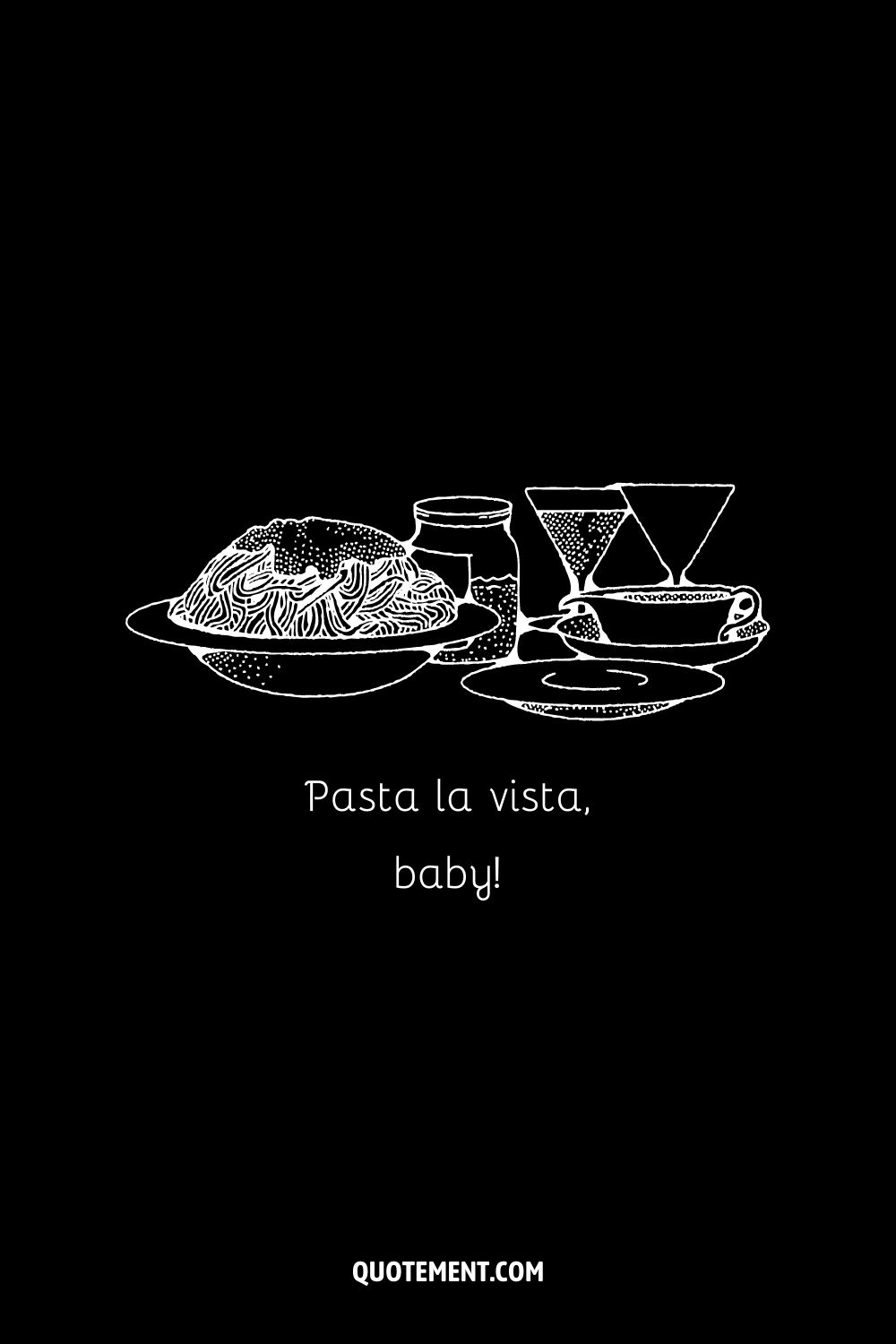 Cute food caption idea represented by a black and white illustration of the dishes