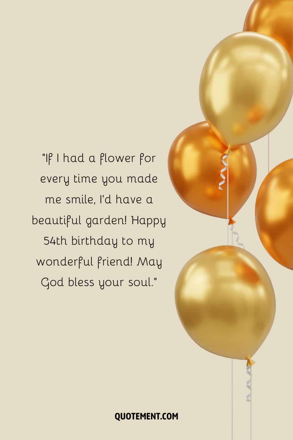 Heartfelt message for a friend's 54th birthday and five balloons next to it
