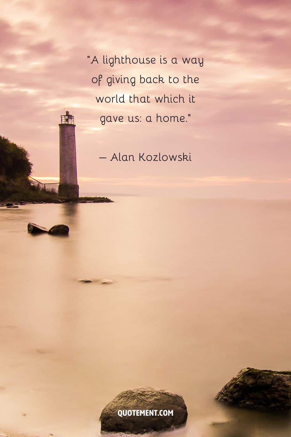 Mind-blowing quote by Alan Kozlowski and a lighthouse in the background