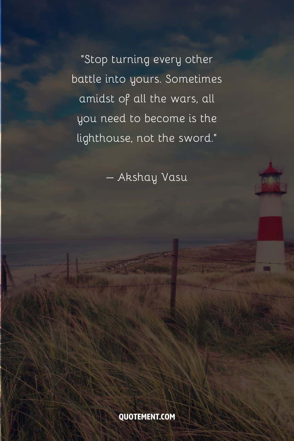 Motivational quote by Akshay Vasu and a lighthouse in the background