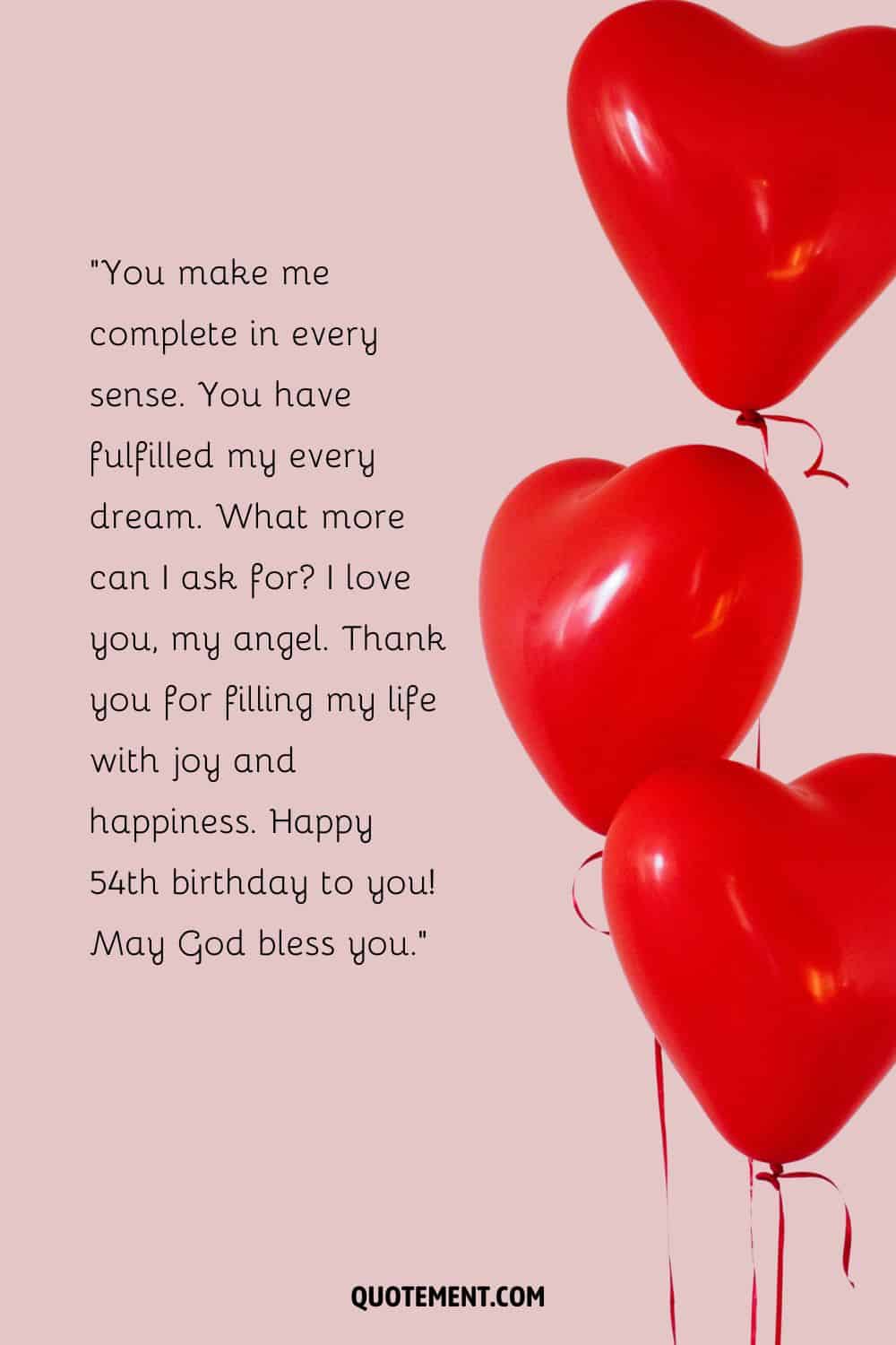 Touching message for your wife's 54th birthday and red, heart-shaped balloons next to it
