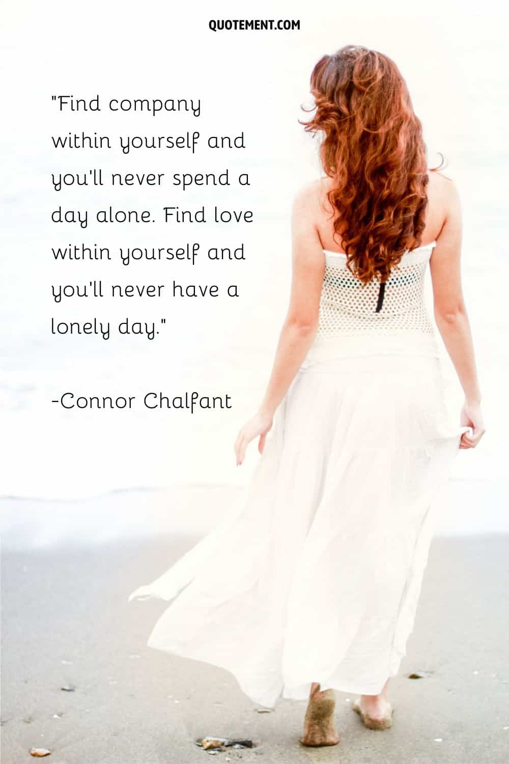 a red hair woman in white dress representing the greatest being alone quote
