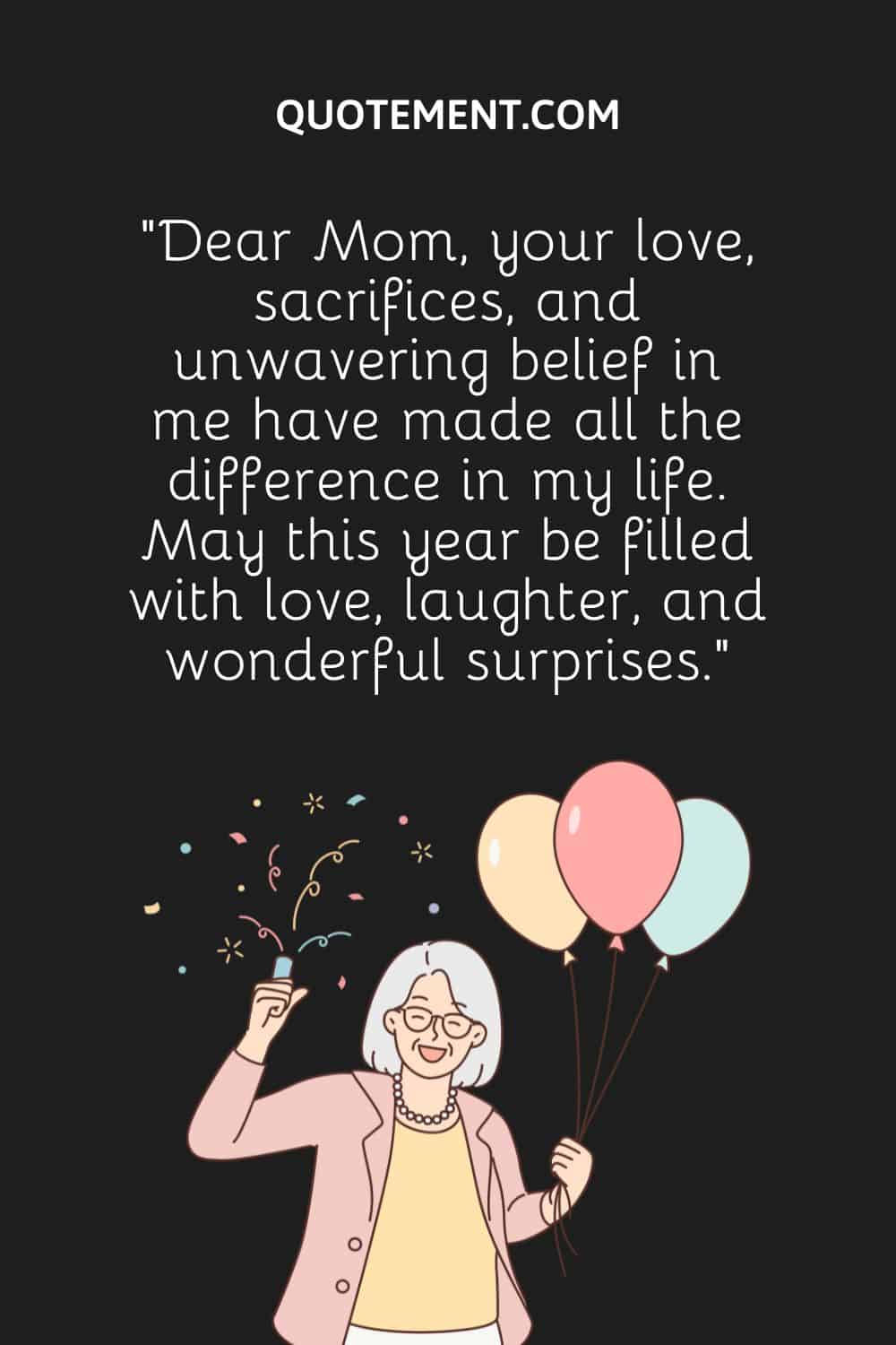 a smiling elderly woman holding birthday balloons and confetti
