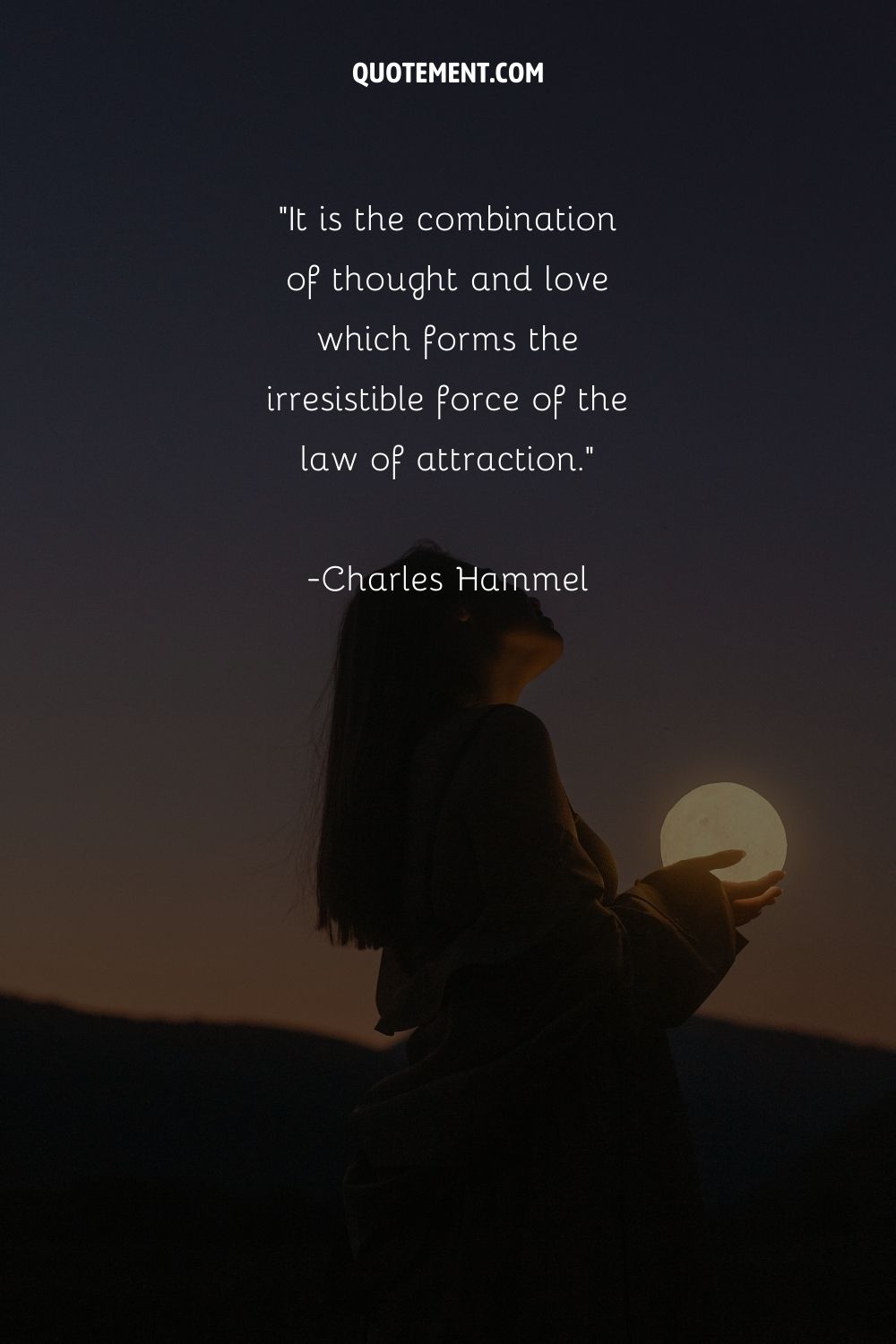 a woman holding the moon in her hands representing laws of attraction quote on thoughts