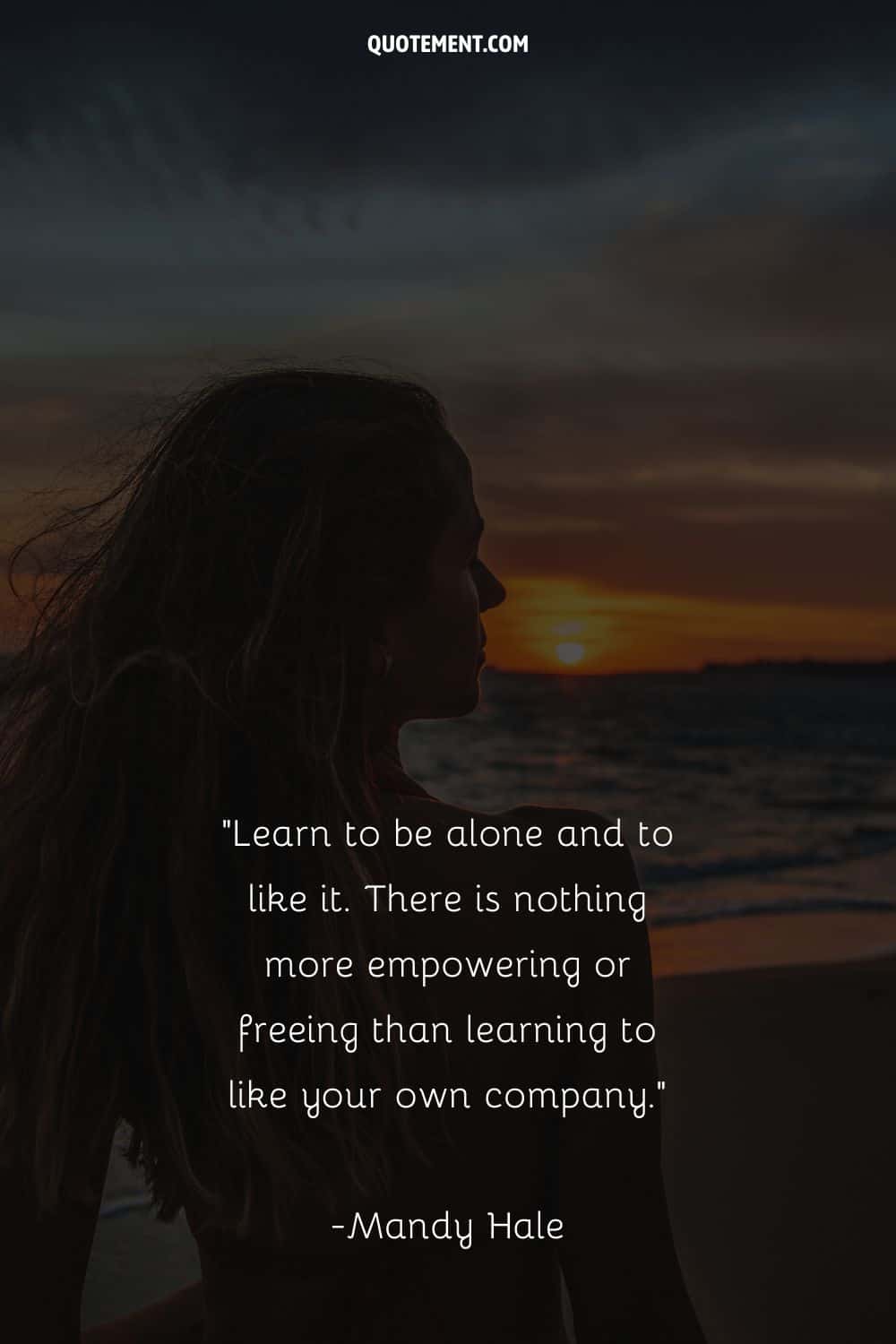 a woman with closed eyes on the beach representing learn to be alone quote

