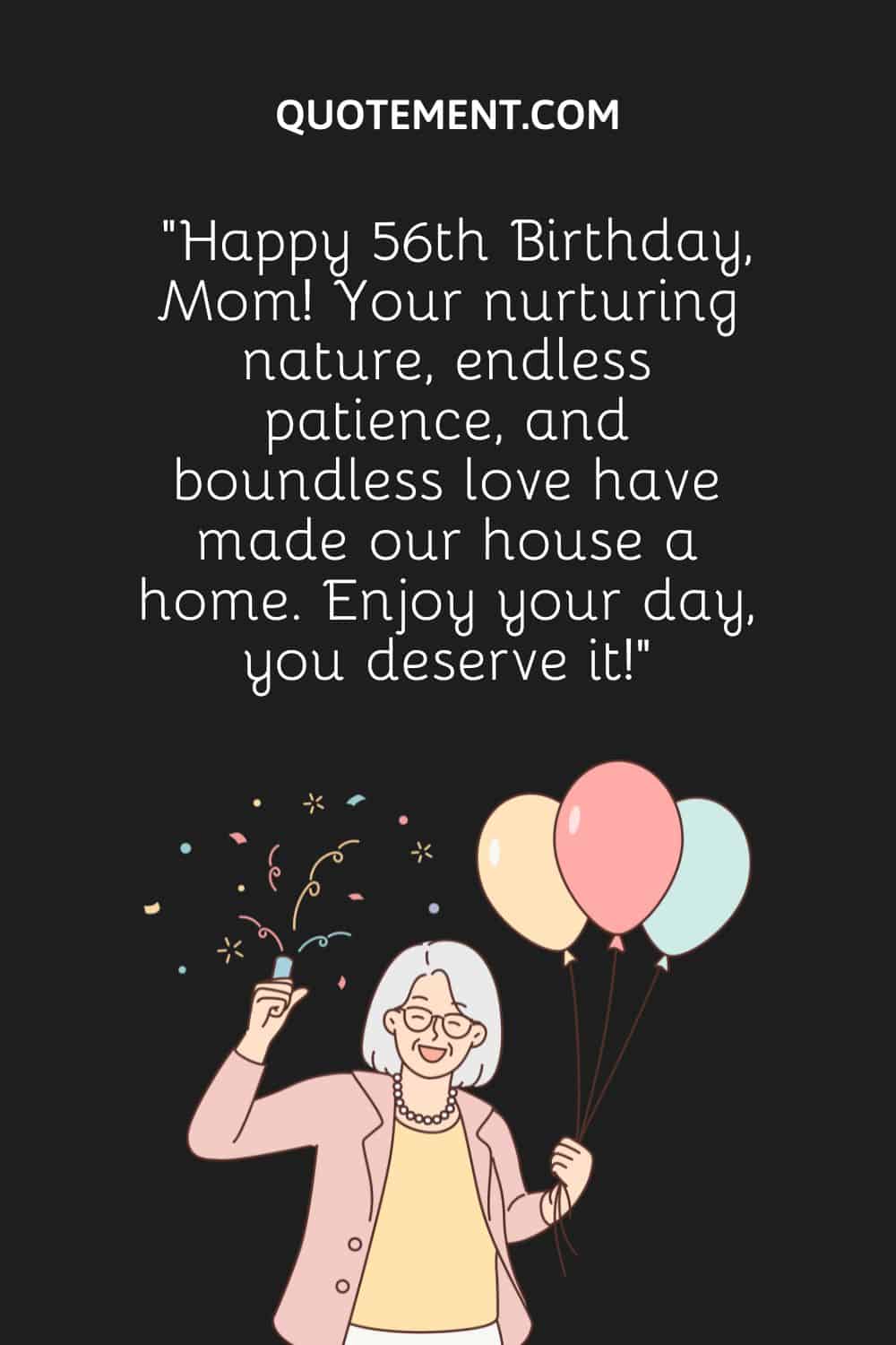 una mujer mayor que lleva globos de cumpleaños en una mano y confeti en otra
