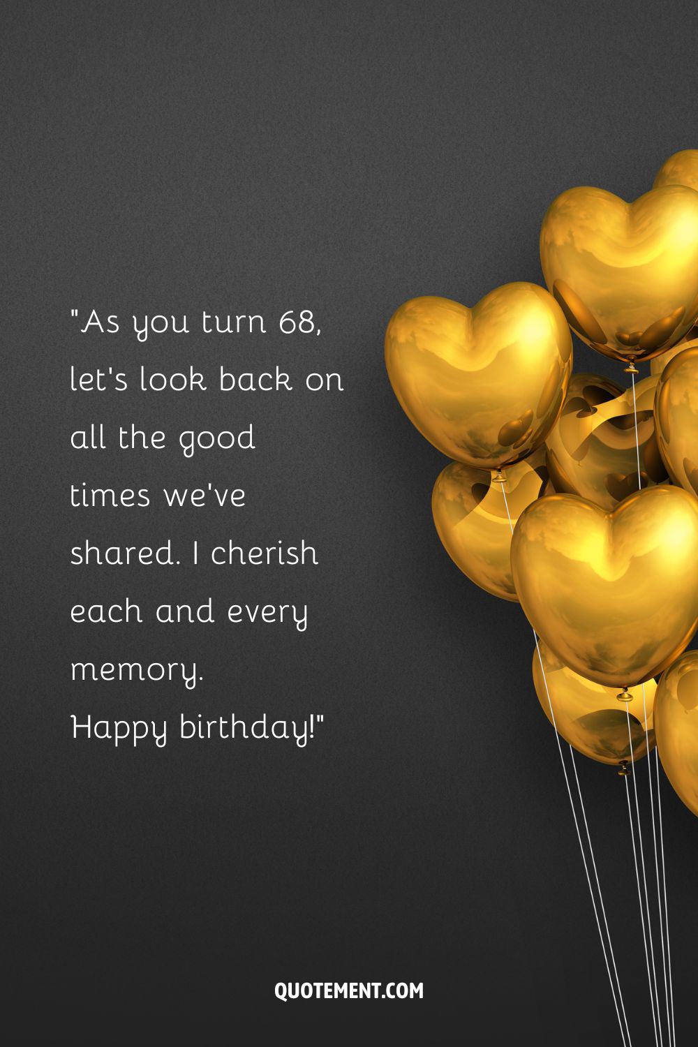 gold balloons on a grey background with a sweet sixty-eighth birthday wish
