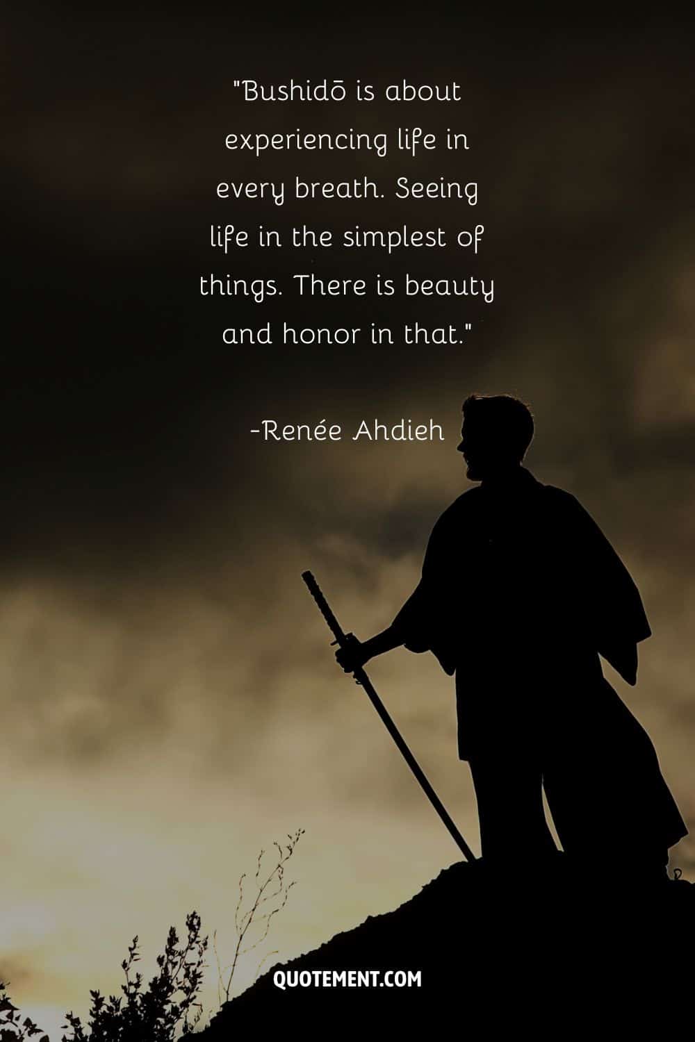 A captivating shadow wields a powerful katana representing famous bushido quote