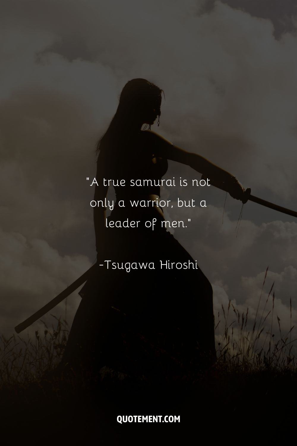 A female samurai embraces her katana's might representing leadership quote