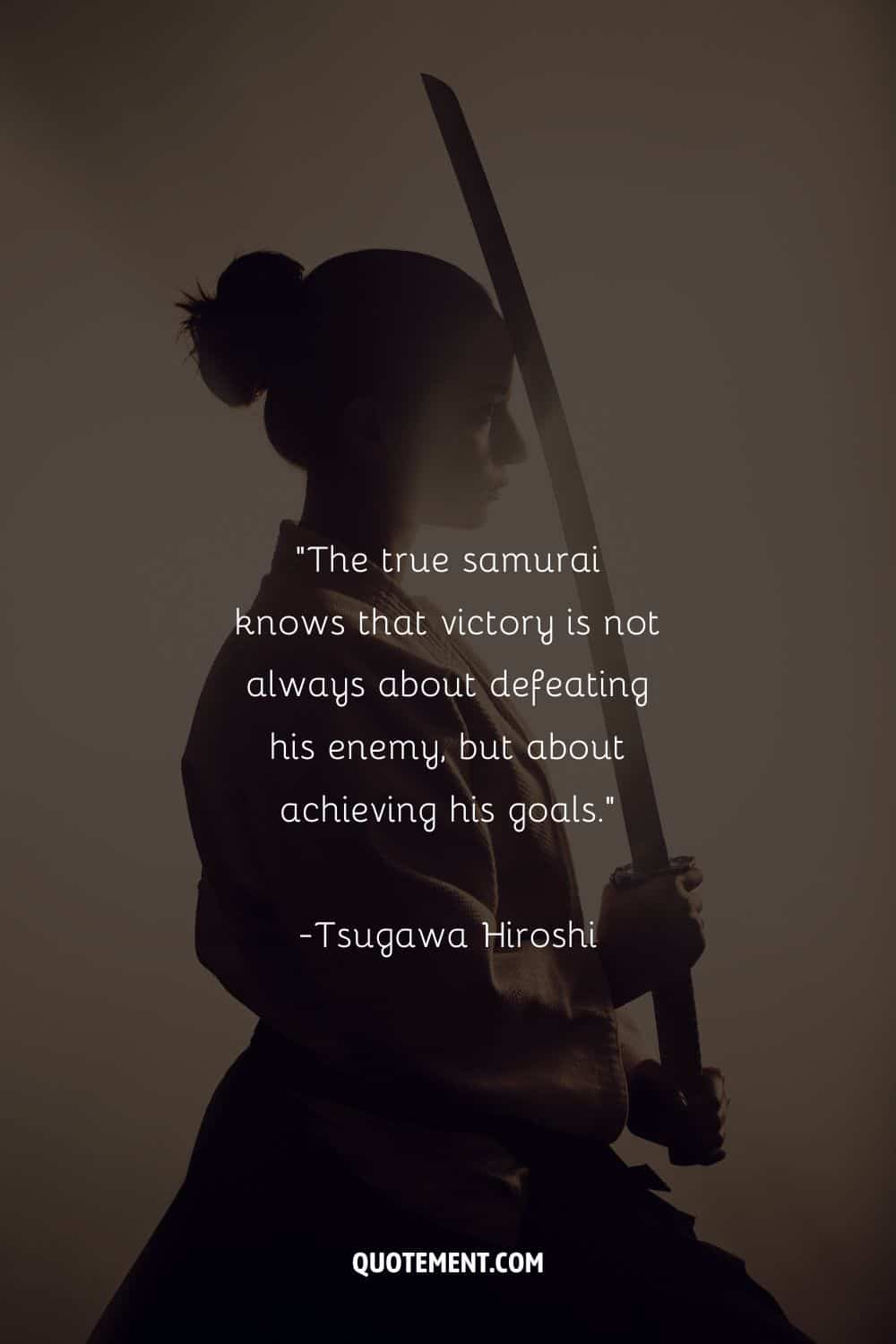 A poised female samurai at peace representing sword quote