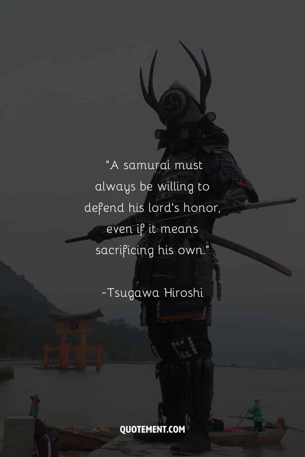 Dark and imposing armored samurai representing samurai warrior quote