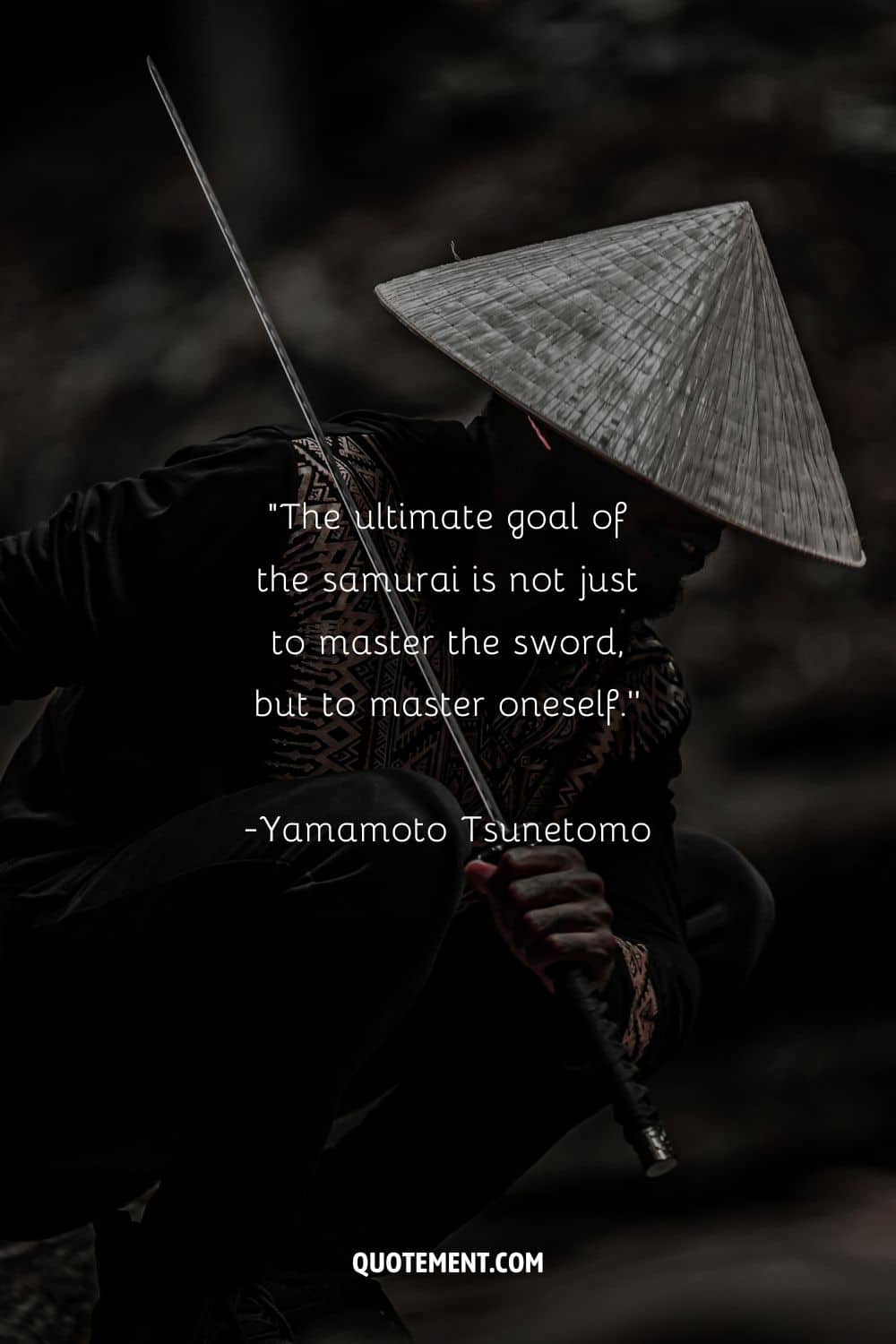 Elegant samurai dons his katana and hat representing japanese motto