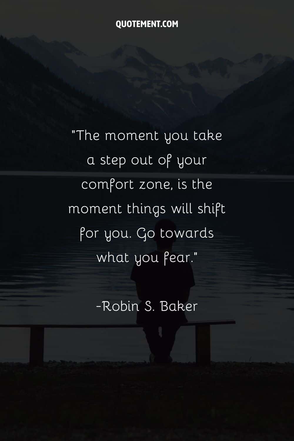 Image of a person sitting on a bench by the water representig a quote about comfort zone.