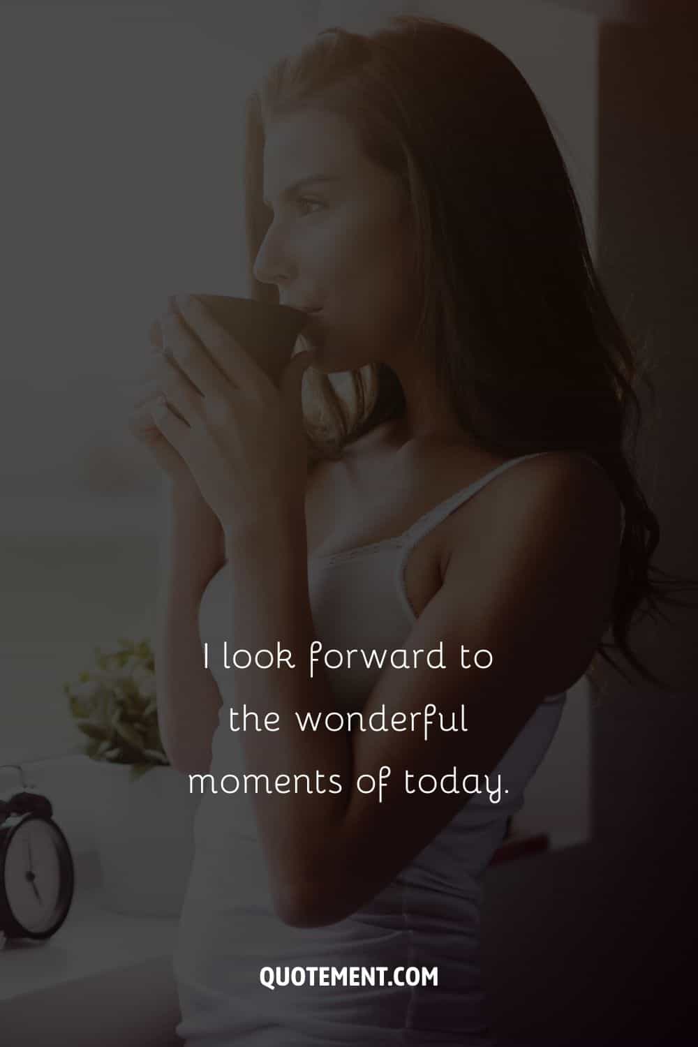 Image of a woman drinking from a cup representing morning affirmation for Friday.