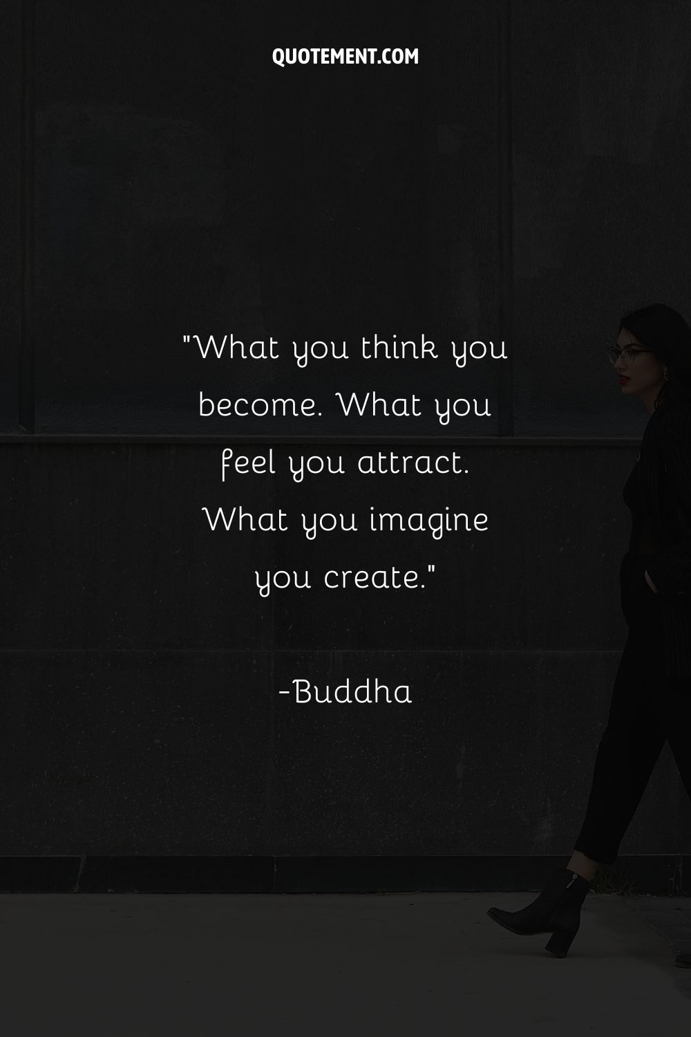 Image of a woman in sleek black clothing representing a law of attraction quote.