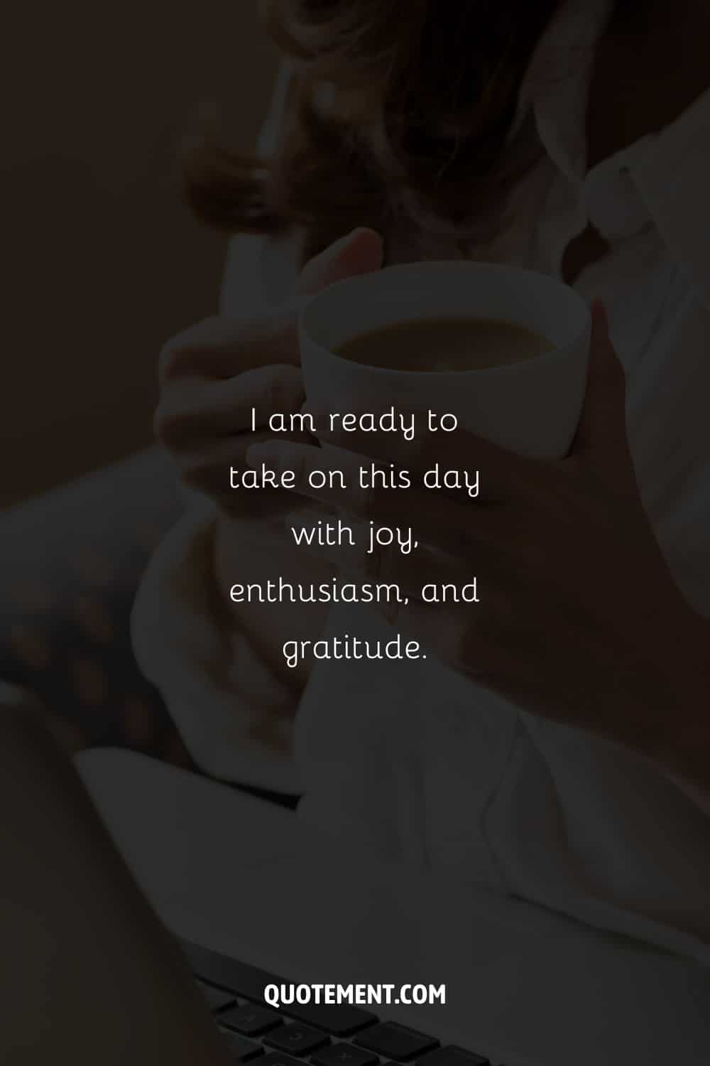 Image of a woman with a cup of coffee representing a morning affirmation.

