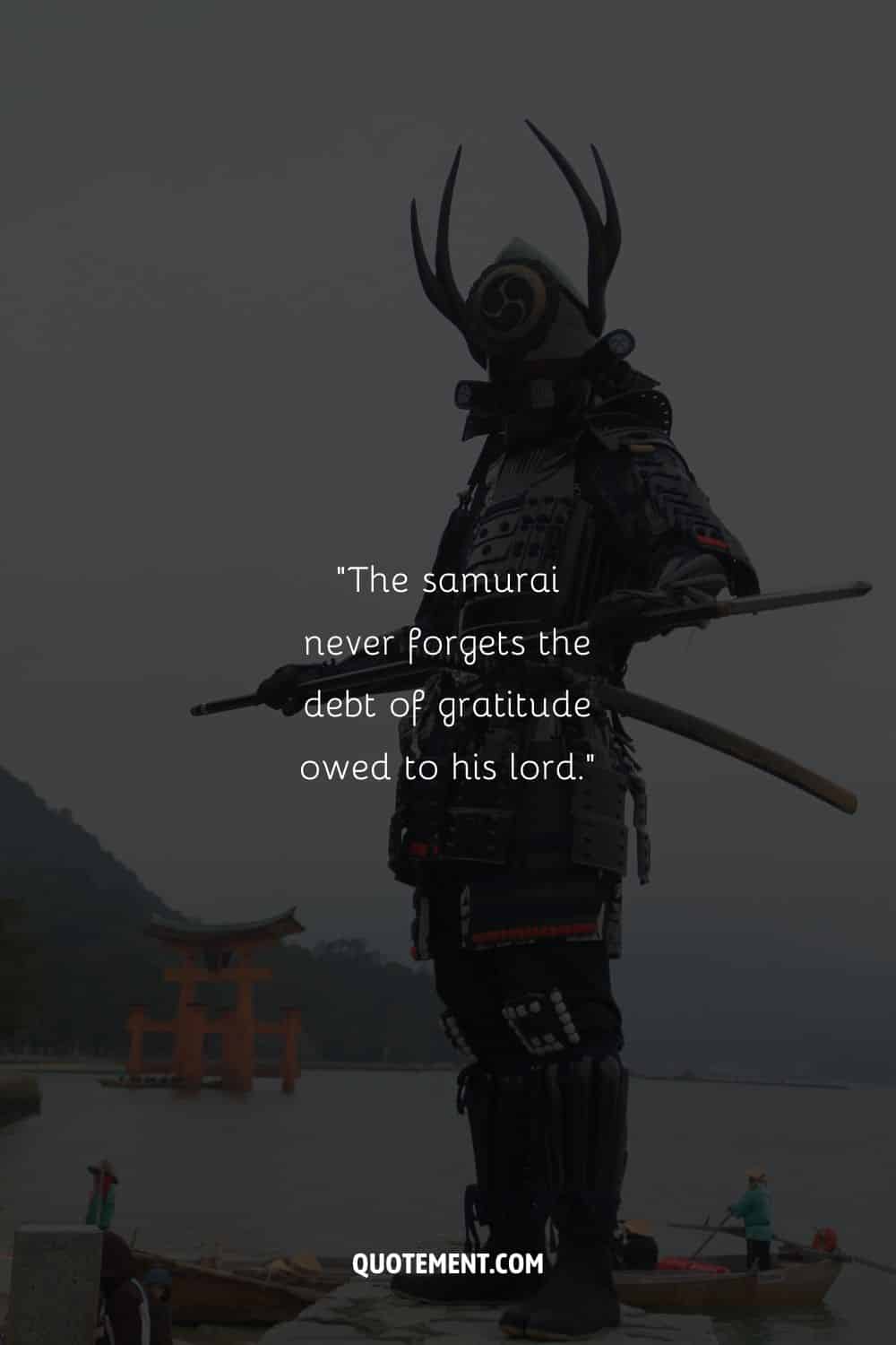 Intriguing samurai in powerful black armor representing samurai saying