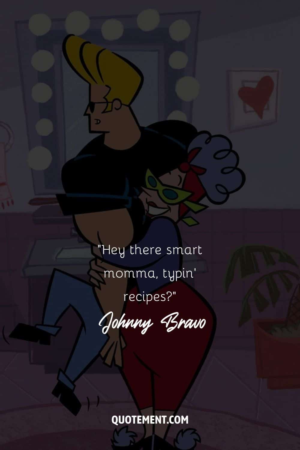 Johnny Bravo being grabbed and hugged by his mom
