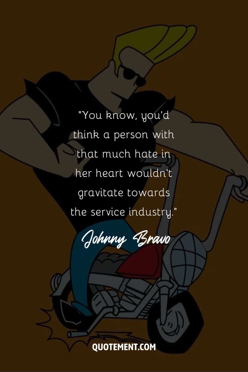 Johnny Bravo riding a motorcycle with one hand
