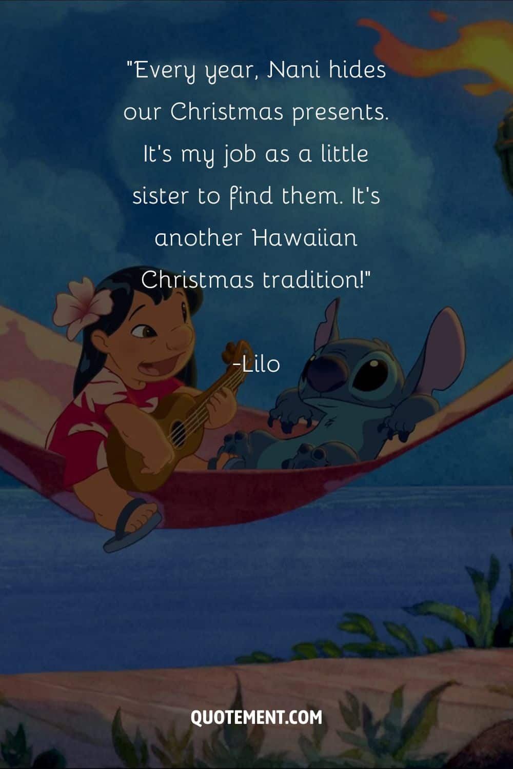 Lilo playing guitar and Stitch laying in a hammock
