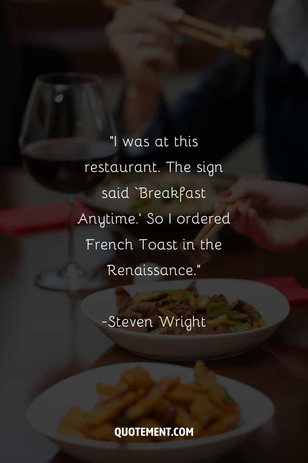 People around the table eating food representing a funny breakfast quote.