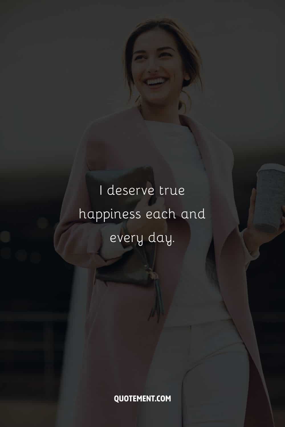 Stylish woman with coffee in her hand representing an affirmation for happiness