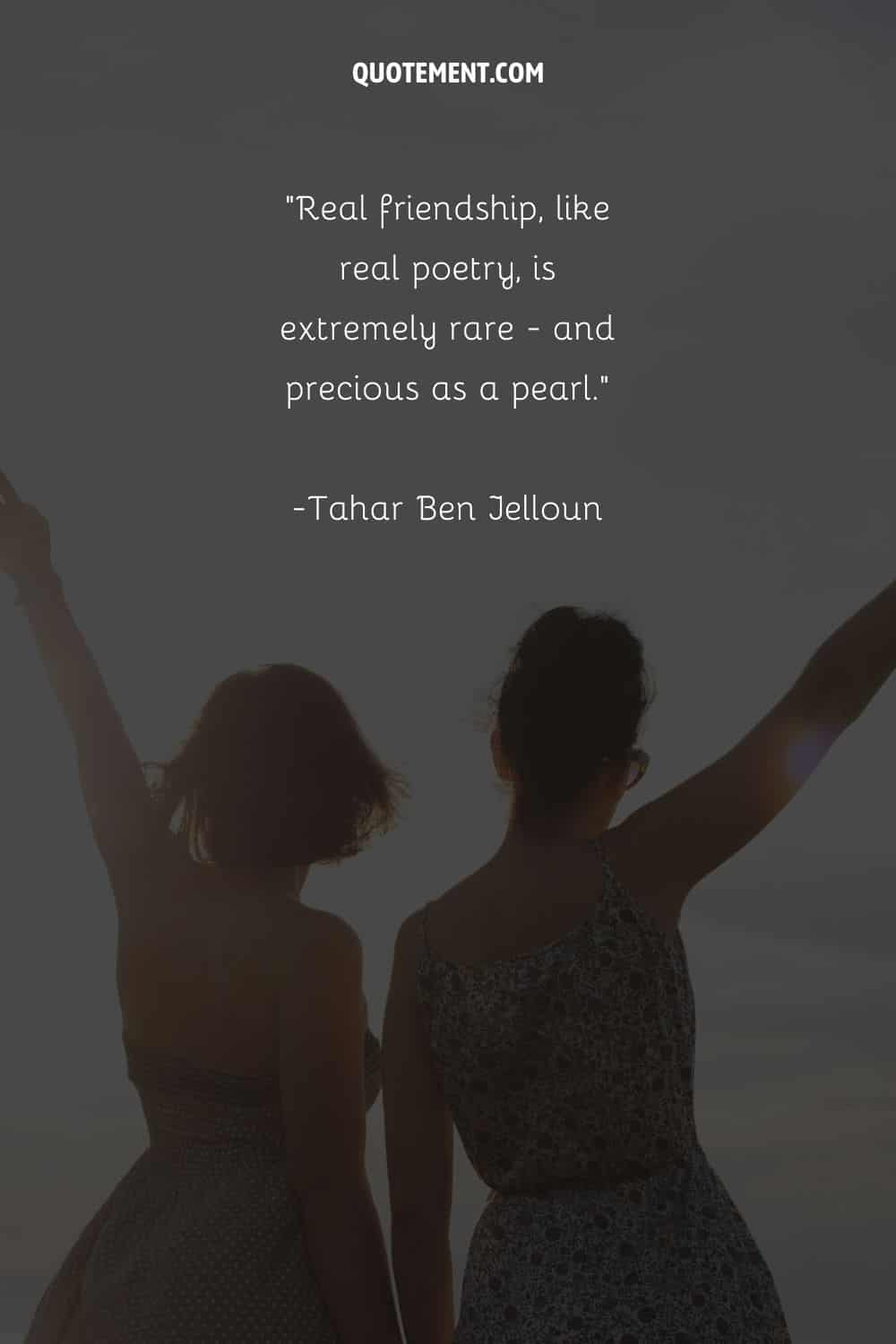 Two girls standing, hands reaching for the sky representing a quote on friendships
